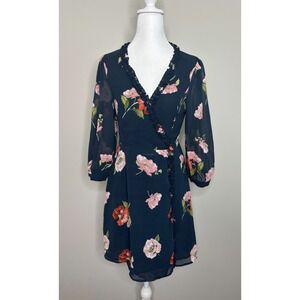 Lulus Navy‎ Blue Floral Print Wrap Dress 3/4 Sleeve Ruffle V-Neck Size Small